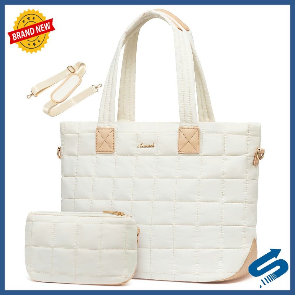 Large 15.6" Laptop Tote Bag - Puffer Quilted Work Purse With Zipper